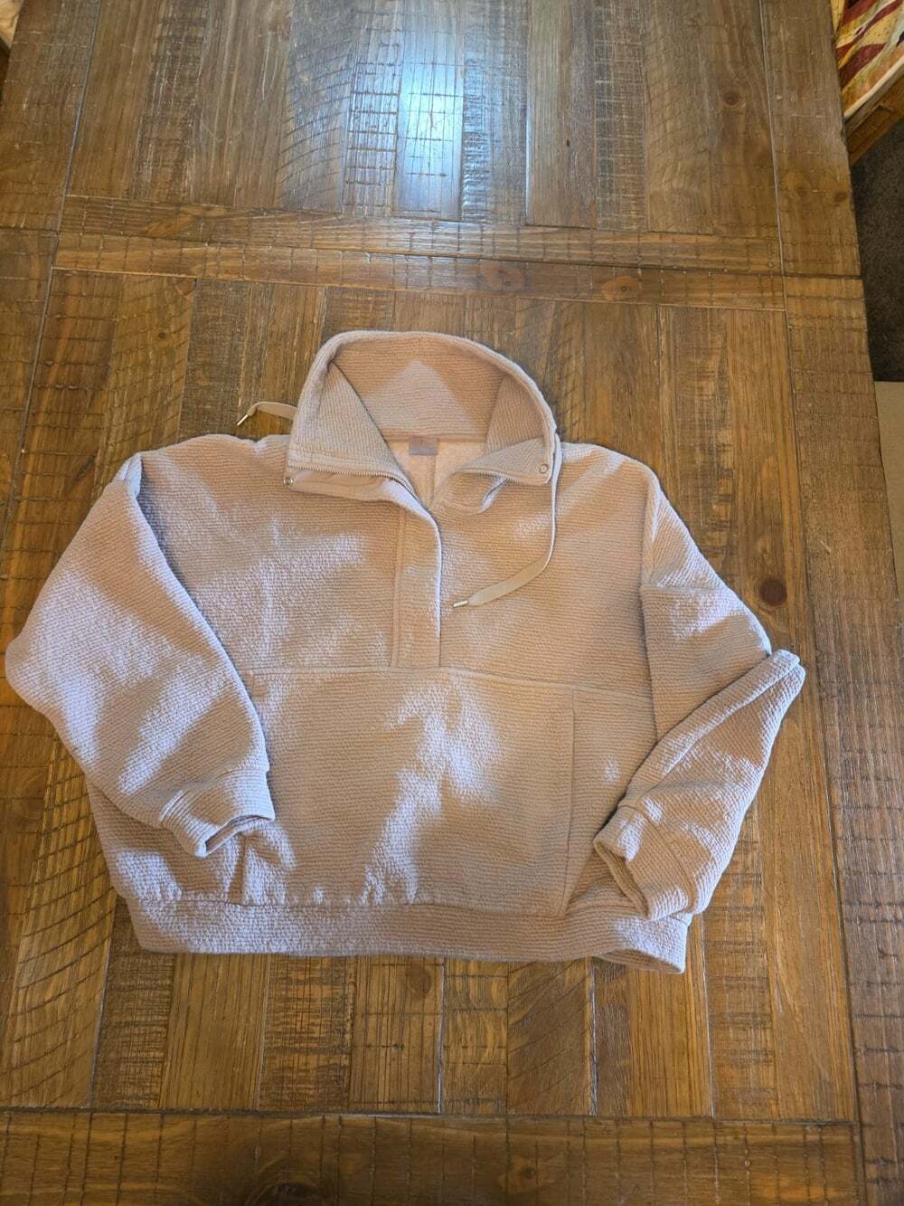 CALIA textured sherpa quarter-zip pullover in a soft neutral taupe L